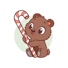 A cute cartoon brown bear cub sitting and holding a large red and white striped candy cane.