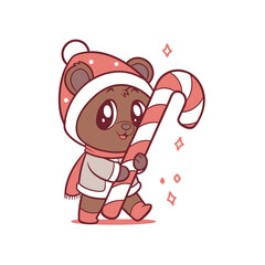 A cute cartoon bear wearing a winter hat and scarf, happily carrying a large striped candy cane.