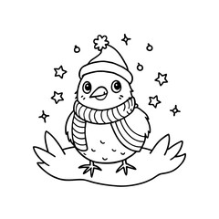 A cute cartoon chick wearing a winter hat and scarf sits on a branch, surrounded by stars, in a black and white line drawing.