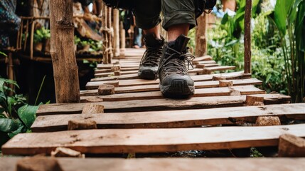 a man walking on a bridge