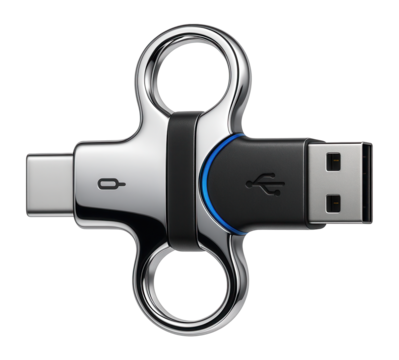 Keychain-style dual-interface flash drive with a capless design, exposing USB-C and USB-A ends