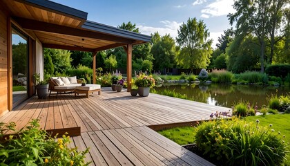 Modern home with a deck and pond