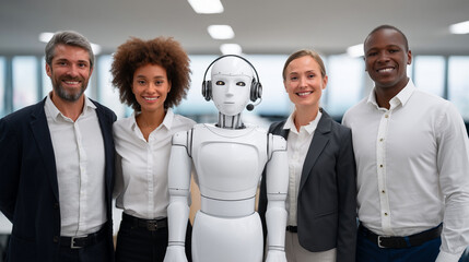 Collaboration between team members and a humanoid robot in a bright and modern office setting during a working day