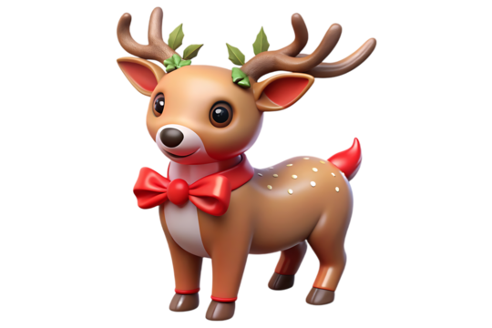 Cute cartoon reindeer with red bow tie and green leaves on antlers isolated on transparent background - Powered by Adobe