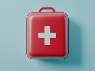 Fototapeta premium 3D render of a red first aid box with a white cross on it, isolated against a studio background, top view, high-resolution photography
