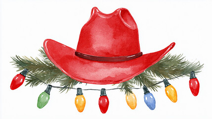 Red cowboy hat adorned with colorful Christmas lights and pine branches creating a festive holiday decoration
