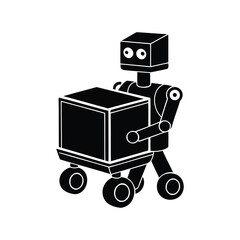 Isometric Cartoon Robot Delivering a Box on Wheeled Platform in Black