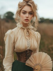 Young woman in vintage attire holding a fan, set in a tranquil outdoor environment.