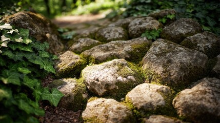 Close-up view of a stone pathway covered in moss.