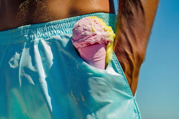 ice cream in swim trunks pocket