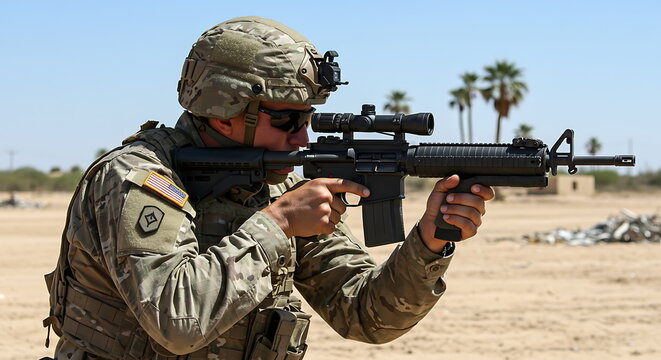 Soldier aiming assault rifle on outdoor military training range