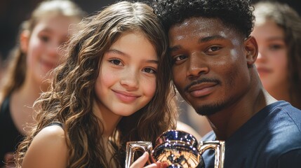Dance competition teenage dancers celebrating success with trophy genuine emotions diverse group natural gymnasium lighting athletic builds