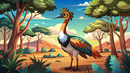 Fototapeta premium A dromornis bird stands among eucalyptus trees in the early Australian outback, motionless under harsh sun