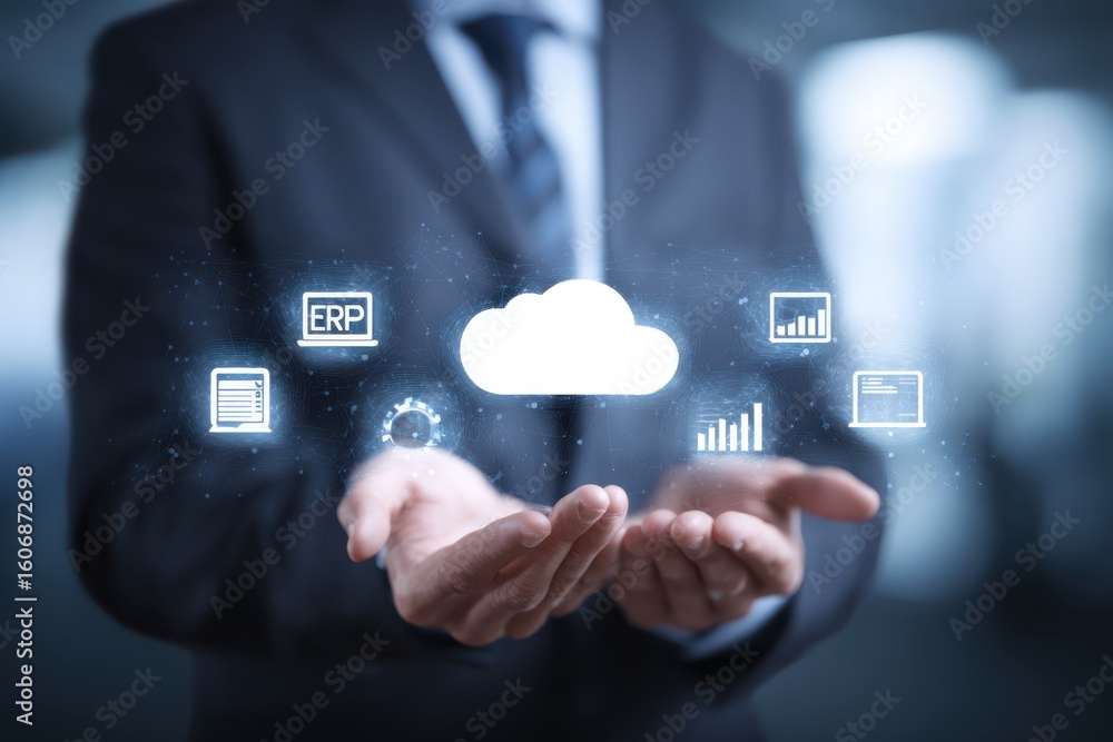 Poster businessman presenting cloud technology with digital icons representing data management and analytic