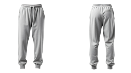 Grey sweatpants in front and back view, mockup isolated on transparent background