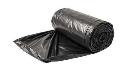 A roll of black plastic garbage bags partially unrolled showing the texture and material isolated on transparent background