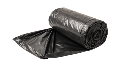 A roll of black plastic garbage bags partially unrolled showing the texture and material isolated on transparent background
