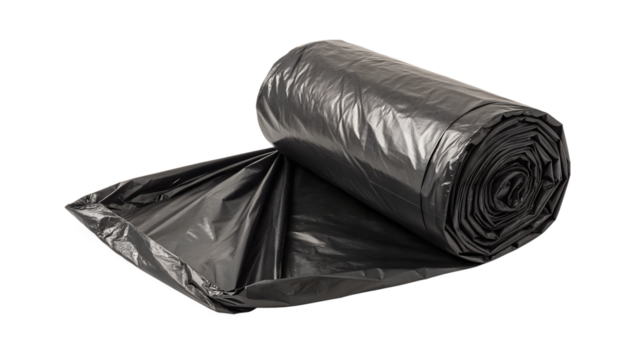 A roll of black plastic garbage bags partially unrolled showing the texture and material isolated on transparent background