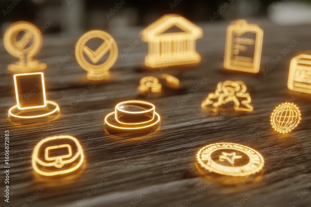 Poster collection of glowing icons representing various concepts on a wooden surface in a bright environmen