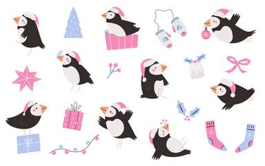 Cute Christmas Puffins in Santa Hats with Seasonal Elements. Winter Holiday Cartoon Birds Collection.