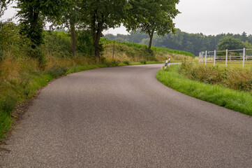 Winding asphalt road leading through picturesque countryside landscape