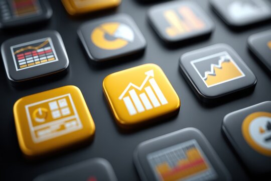 Collection of colorful data analysis icons showcasing various statistical representations and graphs