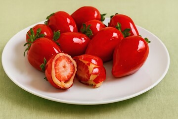 Viral love strawberry dessert with sweet candy coating on white plate