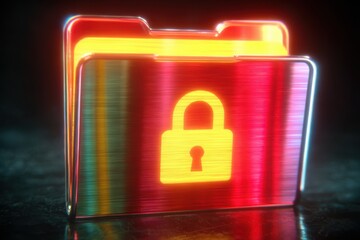 Colorful locked folder icon representing digital security on a dark reflective surface