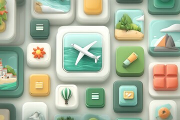 Colorful travel-themed icons arranged on a textured surface, depicting various destinations and activities