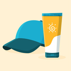 Minimalist vector illustration of a sunscreen tube and a cap representing summer, beach, and vacation vibes