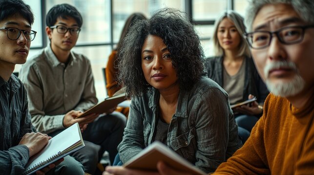 Workshop participants diverse team brainstorming session creative workspace natural lighting multicultural group authentic engagement notebooks