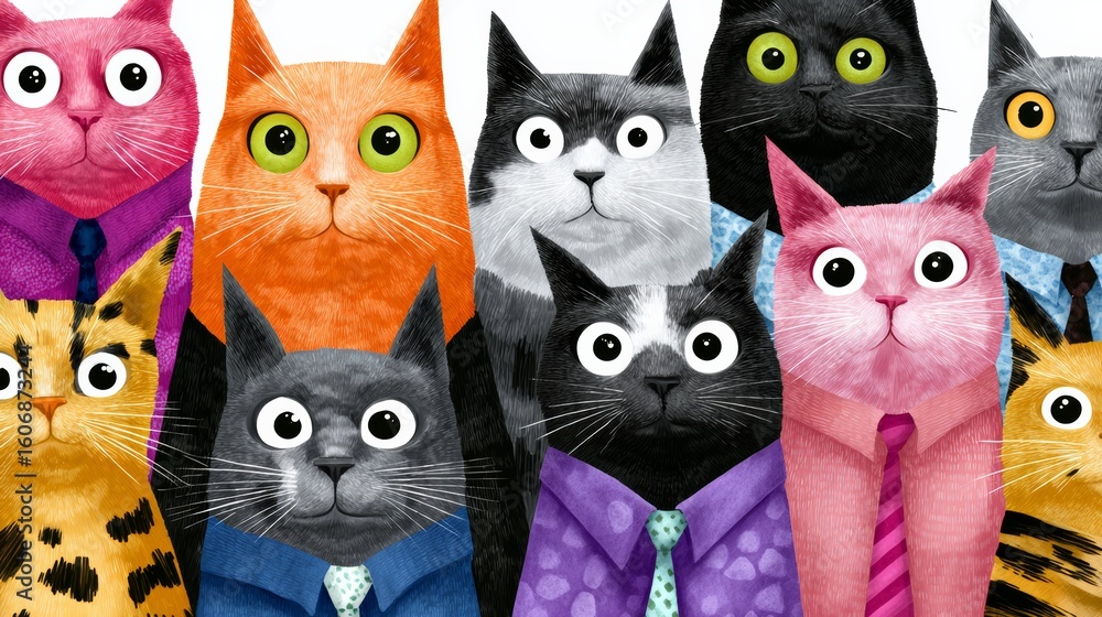 Poster group of cats are wearing ties and standing in a row. the cats are all different colors and sizes, a