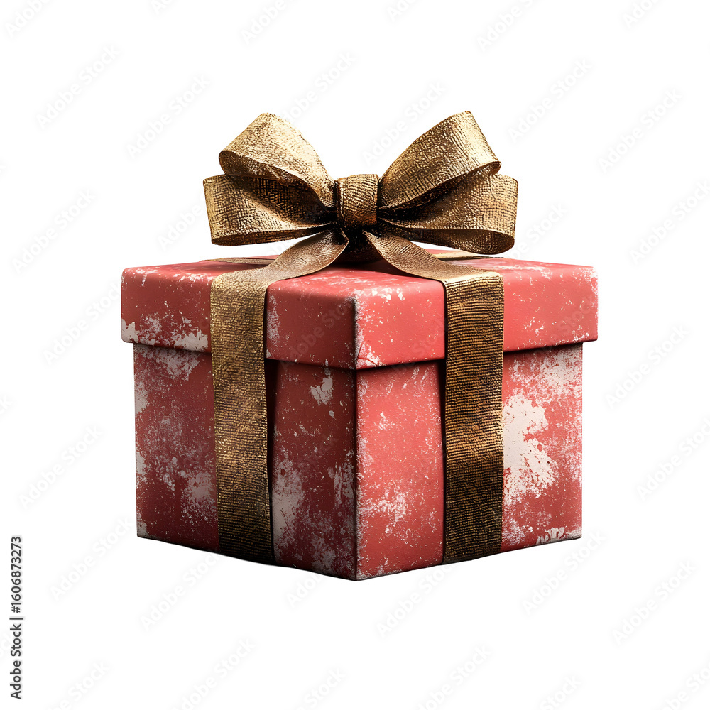 Poster a high end 3d rendered gift box with a vibrant red wrapping and an elegant gold ribbon bow centered 