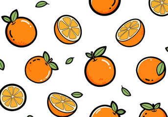 Seamless pattern with cartoon oranges and slices on a white background. Vector citrus fruit illustration for fabric or food packaging.