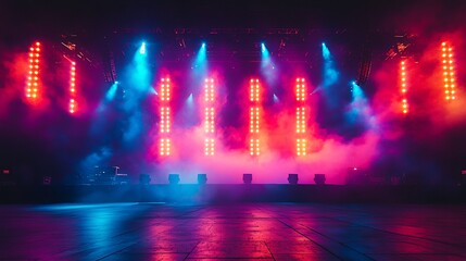 Vibrant and colorful main stage of music festival lit up at night with lights and smoke effects