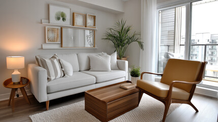 Bright modern living room with white sofa, wooden coffee table, yellow armchair, indoor plant, large window, cozy and inviting atmosphere