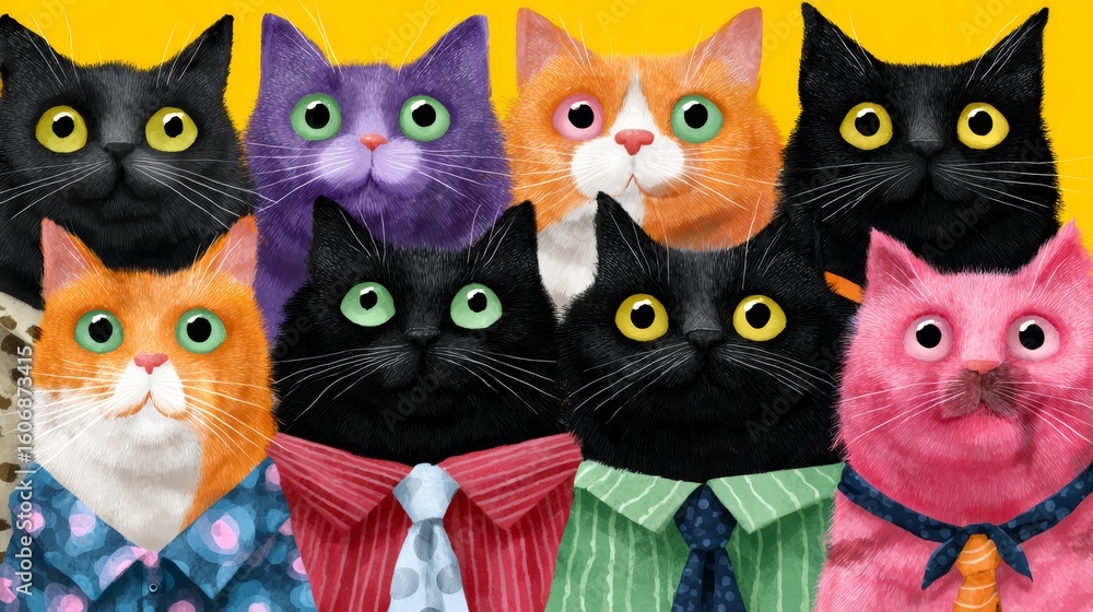 Poster group of cats are wearing ties and standing in a row. the cats are all different colors and sizes, a