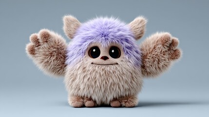 Fototapeta premium Fuzzy purple and brown stuffed animal with big eyes and a smile. It looks like a friendly monster