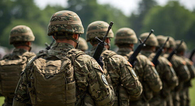 Soldiers stand in formation with rifles in camouflage uniforms