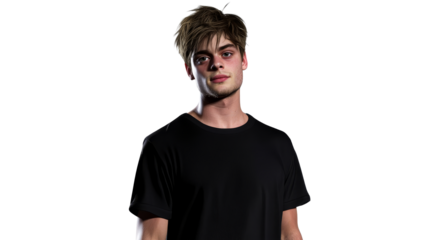 Young man with messy hair, black t-shirt under bright light, cut out transparent