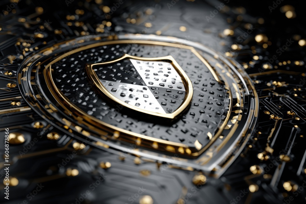 Poster metallic shield emblem with intricate circuit patterns and water droplets, symbolizing security tech