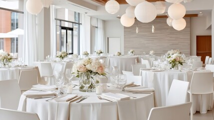 Stylish hotel venue prepared for a wedding celebration, with round banquet tables and romantic flower centerpieces