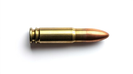 Fototapeta premium A single brass and copper rifle bullet cartridge isolated on a white background.