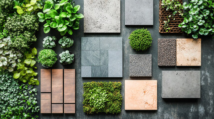 A top-view moodboard displaying samples of green, stone, and wood materials