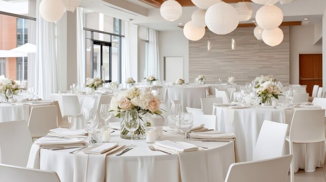 Stylish hotel venue prepared for a wedding celebration, with round banquet tables and romantic flower centerpieces