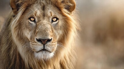 Fototapeta premium Photorealistic portrait of African lion making direct eye contact, golden fur glowing in natural light, blurred savanna background, symbolizing wildlife conservation and endangered species awareness