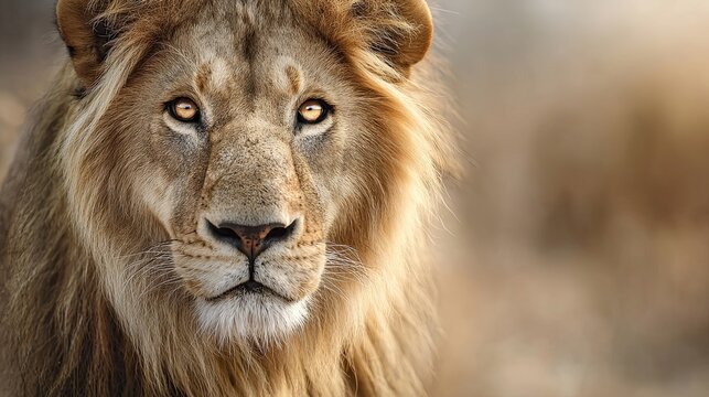 Photorealistic portrait of African lion making direct eye contact, golden fur glowing in natural light, blurred savanna background, symbolizing wildlife conservation and endangered species awareness