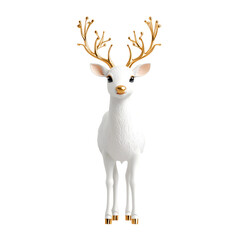 A captivating 3D rendered image of a golden reindeer figurine standing gracefully against a plain white background surrounded by delicate holiday accents and ornaments