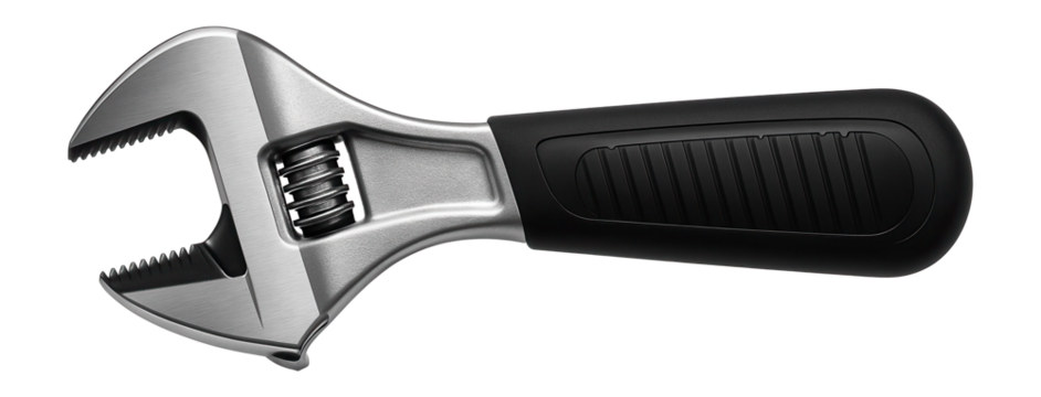 Anti-slip adjustable wrench with a serrated jaw for gripping rounded fasteners in a repair shop.