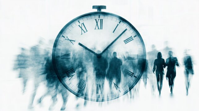 Blurred business people running with a big vintage clock in the background representing the concept of time management, being late, stress, and work deadline